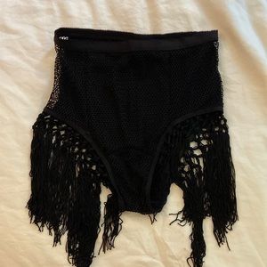 12th Tribe Black high-waisted fishnet bikini-style bottom with fringe